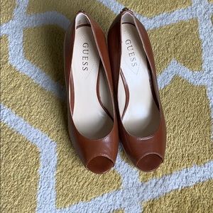Guess brown leather peep toe heels